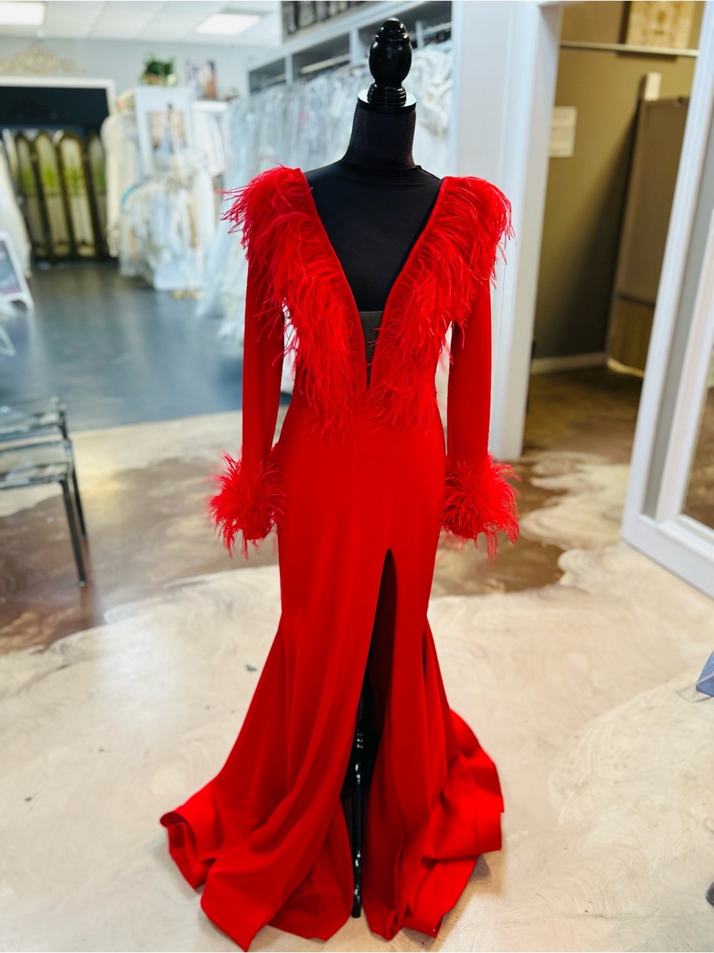 Red Feather-Trim Long Sleeve Maxi Dress